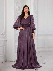 UNITHORSE Đầm dài ôm sát dáng ống, cổ chữ V, tay phồng, màu trơn, đính sequin và chất liệu giả neon dành cho nữ, thích hợp cho lễ tốt nghiệp hoặc dạ hội. - Màu tím - Xem 4
