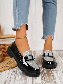 2024 Spring New Arrival British Style Slip-On Loafers, Glossy Thick Sole Soft Bottom Comfortable Fashion Flats For Women - Silver - View 2