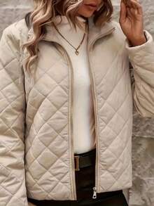 Damska kurtka z długim rękawem, pikowana w romby, ze stójką i zamkiem błyskawicznym, jednokolorowa, codzienna odzież wierzchnia, uniwersalna, ocieplana kurtka damska na jesień/zimę