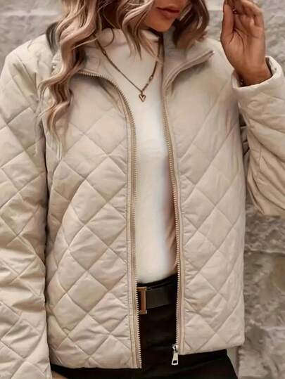 Chaqueta con cremallera de mujer de unicolor, de manga larga, con acolchado de diamantes y cuello alto, abrigo casual y versátil con relleno para otoño/invierno