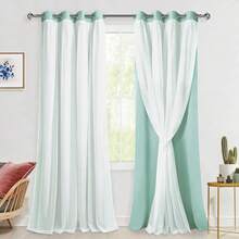 Hiasan 2 Panels Greyish White Blackout Curtains With White Sheer Overlay, Double Layer Mix & Match Thermal Insulated Room Darkening Curtains With Tiebacks For Bedroom And Living Room Decoration - 白色 - 查看 2