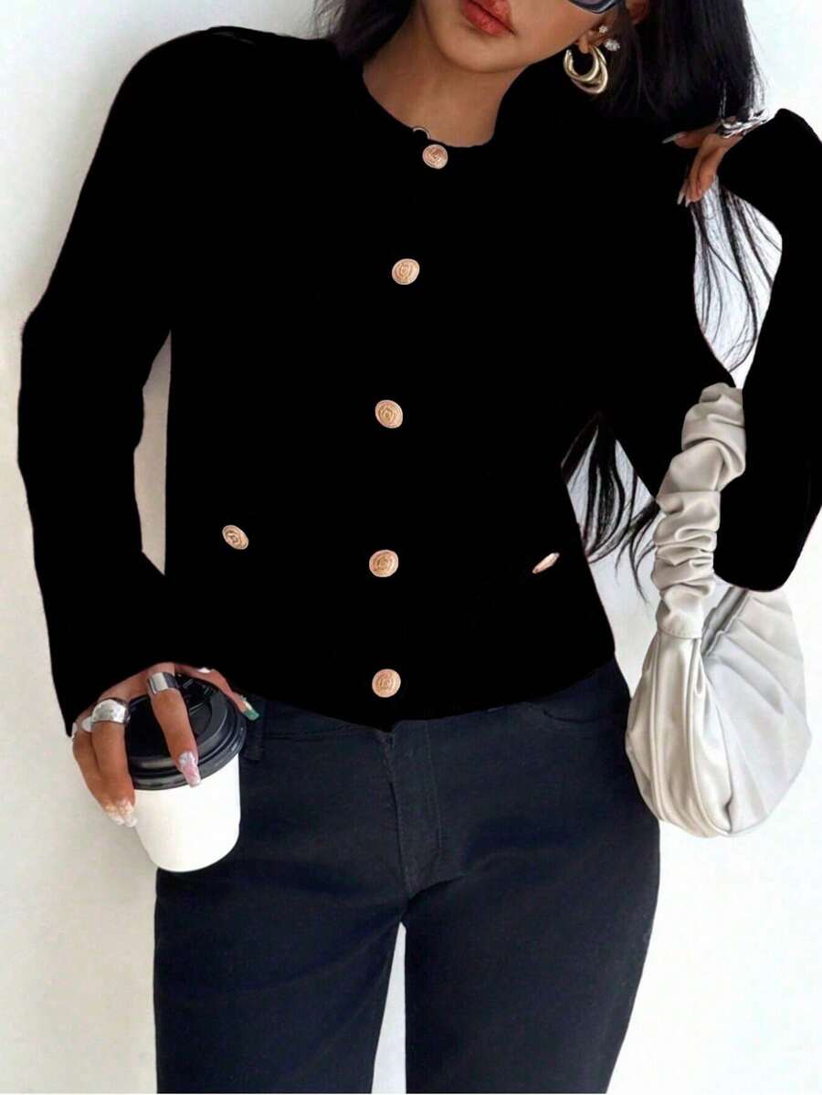 Seelio New Arrival Gold Button Accent Knit Cardigan, Autumn/Spring - Black - View 1