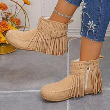 [Fashionable Tassel Cowboy Boots] Fashionable Tassel Women's Cowboy Ankle Boots, Black Pull-On Western Short Boots, Rivet Decoration, Suitable For Casual Or Formal Occasions - Xám - Xem 2