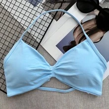 热门吊带运动文胸，女士露背细肩带运动文胸，轻度支撑，短款运动上衣，无缝褶皱瑜伽文胸垫 - 淺藍色 - 查看 4