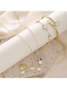 Set de 5 brățări strălucitoare cu flori norocoase, colier, cercei, brățară, inel, set de bijuterii, nou, placat cu aur, cu cinci frunze de coajă de plantă, poate fi purtat normal fără a se uda și nu se decolorează