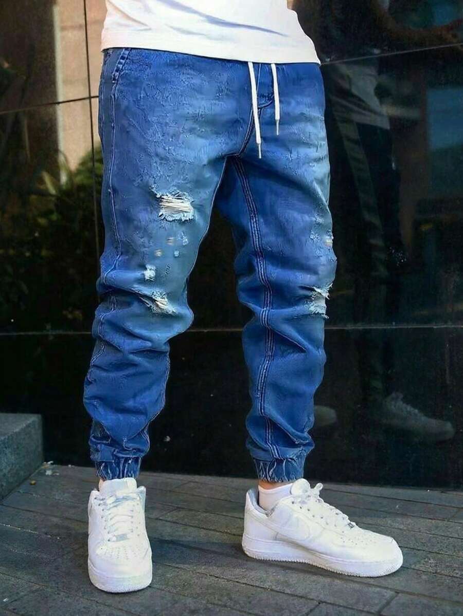 Men's Casual Fashion Jeans - Classic Fit, Washed Texture, All-Season Comfort, Machine-Washable Solid Jeans For Everyday Wear | Classic Jeans | Easy-Care Jeans + A Great Gift For Husbands And Boyfriends, Perfect For Going Out, Parties, Work Commutes, And Street Wear - 藍色 - 查看 1