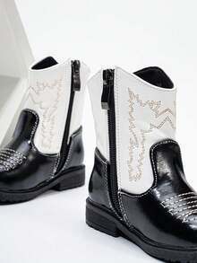 秋冬刺绣图腾靴，新款耐磨保暖舒适平底西部风格百搭婴儿靴，时尚简约侧拉链踝靴 - 黑色 - 查看 3