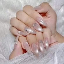 24Pcs Cat Eye Press On Nails Bulb Shape Nude Pink False Nails With Diamond Glitter Full Cover Glue On Nails Medium Length Manicure Set - Bạc - Xem 1