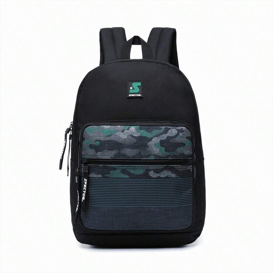 Mochila Masculina Escolar Spector Casual Juvenil Resistente Camuflada - Preto e Camuflado - Visão 1