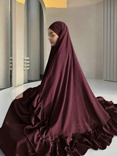 Set de 2 piezas: 1 pieza Vestido abaya de unicolor suave y transpirable + Khimar con velo de doble capa plisado, adecuado para uso diario y oración
