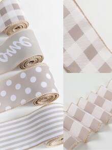 1Pc 5 Yards Farmhouse Ribbon Welcome Stripe Dot Buffalo Plaid Ribbon Wired Rustic Polyester Ribbon For Christmas Wreaths Assorted DIY Present Wrapping Floral Bow Craft Decor, Christmas Tree Decor, Christmas Decoration, Wedding Decor, Merry Christmas Decorations, Xmas Decor