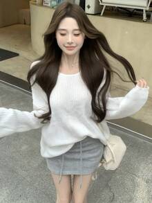 White Crew Neck Sweater For Women, Loose Fit Cozy Knit Pullover, High-Quality Soft Casual Long Sleeve Top For Autumn/Winter