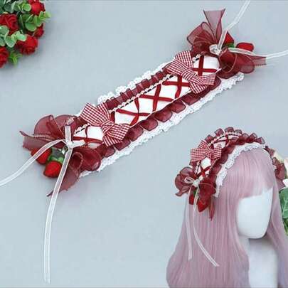 1pc Handmade Lace Trim Strawberry Headband, Sweet & Cute Woven Bow Strawberry Sundae Hair Accessory, Suitable For Girls Cosplay, Maid Outfit, Lolita Style, Red