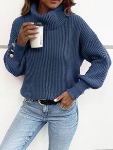 Women's Loose Turtleneck Sweater, Casual & Formal Ribbed Knit Button Up Long Sleeve Pullover - Dusty Blue - View 6