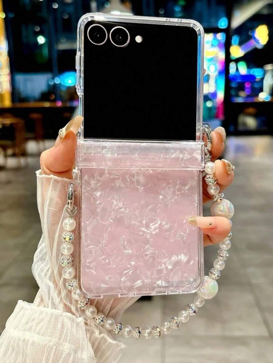 Luxury Laser Aurora Shell Pattern Bracelet Chain Pink Phone Case Compatible With Samsung Galaxy Z Flip 7 6 5 4 3 5G Cute Colorful Camera Protection Shockproof Cover - 粉色 - 查看 1