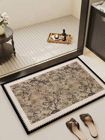 1pc Beautiful Brown Vintage Floral Striped Doormat, European And American Retro Luxury Classical Art Soft Faux Wool Washable Entrance Mat, Suitable For Entryway, Hallway, Bathroom, Patio, Laundry Room, Bathroom, All Season Decorative Carpet For Home Decor