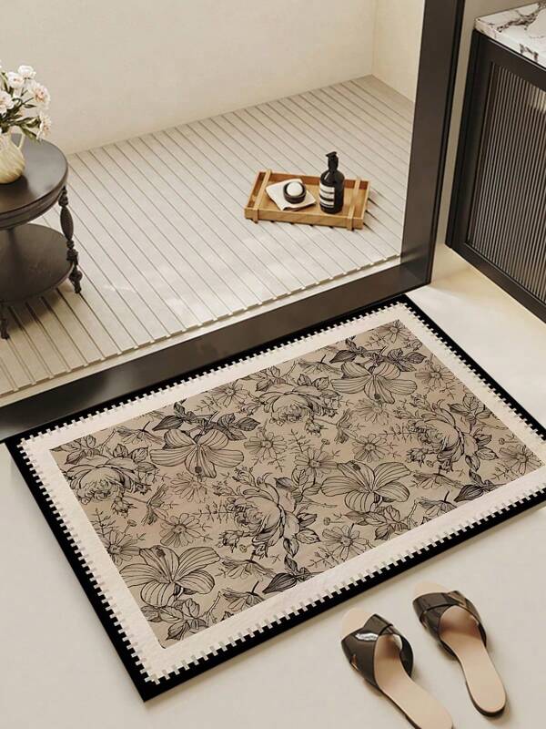 1pc Beautiful Brown Vintage Floral Striped Doormat, European And American Retro Luxury Classical Art Soft Faux Wool Washable Entrance Mat, Suitable For Entryway, Hallway, Bathroom, Patio, Laundry Room, Bathroom, All Season Decorative Carpet For Home Decor