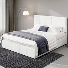 Allewie Full/Queen/King Size Dutch Velvet Upholstered Platform Bed Frame/Vertical Channel Tufted Adjustable Headboard/Low Profile Bed Frame/No Box Spring Needed/Easy Assembly, White - 白色 - 查看 1