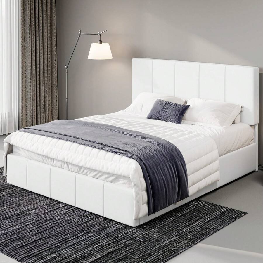 Allewie Full/Queen/King Size Dutch Velvet Upholstered Platform Bed Frame/Vertical Channel Tufted Adjustable Headboard/Low Profile Bed Frame/No Box Spring Needed/Easy Assembly, White - 白色 - 查看 1