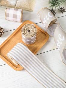 1Pc 5 Yards Farmhouse Ribbon Welcome Stripe Dot Buffalo Plaid Ribbon Wired Rustic Polyester Ribbon For Christmas Wreaths Assorted DIY Present Wrapping Floral Bow Craft Decor, Christmas Tree Decor, Christmas Decoration, Wedding Decor, Merry Christmas Decorations, Xmas Decor