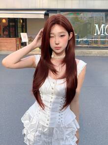 alicegarden 额头蕾丝 4 * 1，额头蕾丝直发假发，红色 28 英寸日常自然半编织，自然日常使用逼真假发 - 紅色 - 查看 3