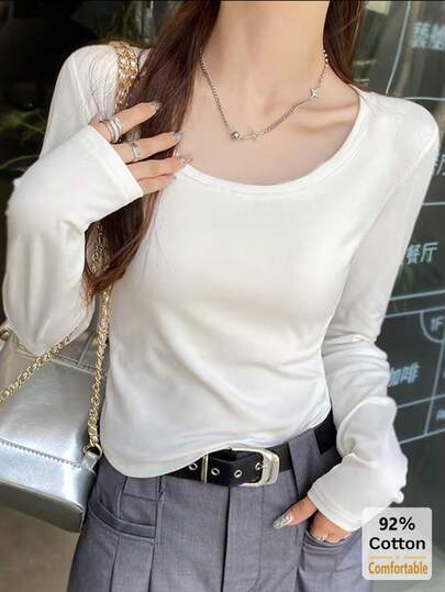 女士百搭长袖T恤，纯白色U领修身打底衫，秋冬季