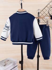 秋冬款幼儿美式拼布袖棒球夹克和裤子套装