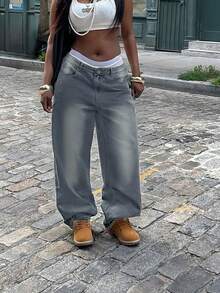 Jeans de pierna ancha con efecto lavado y desgastado, estilo vacacional Y2K para mujeres - Gris humo - Ver 4