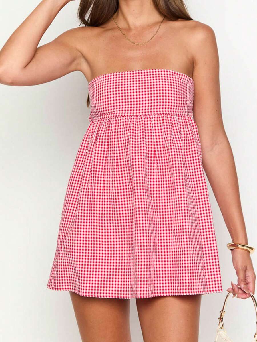 Women Summer Mini Bandeau Dress Off Shoulder Strapless Plaid Tube Top Dress With 2 Pockets - Red - View 1