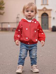 Abrigo con capucha rojo de manga larga con cremallera y estampado de fresas para niñas pequeñas. - Rojo - Ver 5