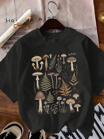 Plus Size Women's Mushroom Print Summer Round Neck Casual Loose T-Shirt Pattern, T-Shirt Women's Tops,Women Tops, Blouses & Tee.