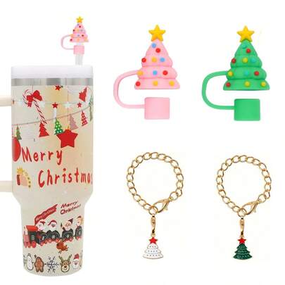 2pcs/4pcs Cute Christmas Tree Silicone Straw Topper, Adjustable Metal Cup Charm, Fits 30oz & 40oz Tumblers, Cup Decor Pendant, Christmas & New Year Gift