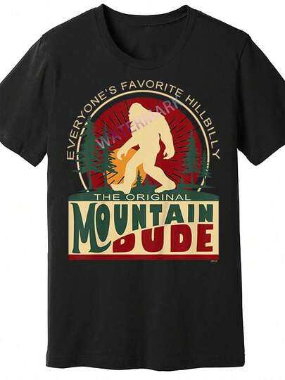 Camiseta para Hombre "Everyone'S Favorite Hillbilly" Sasquatch Mountain Dude - Algodón Negro, Manga Corta, Estilo Casual con Estampado Gráfico Vintage, Camiseta de Cuello Redondo de Manga Corta, Tejido 100% Algodón, Ligera Elasticidad, Top de Moda de Verano, Ajuste Regular