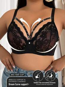 Plus Size Women's Lace Sexy Bras With Butterfly Rhinestone Strap Design, Comfortable Underwire Lift And Support Bras, Rave - Black - View 3