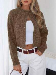 Chaqueta de punto tipo cárdigan de cuello redondo minimalista de un solo botonadura y color liso, nueva colección de otoño - Marrón - Ver 5