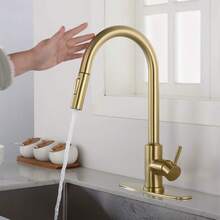dorado cepillado con cabezal rociador desmontable, grifo moderno monomando para agua fría/caliente, incluye placa cubierta redonda de 8 pulgadas, doble modo de flujo de agua, compatible con 1 y 3 orificios, apto para cocinas, comedores, bares, lavaderos y uso en exteriores, accesorios de cocina, regalo de Navidad. - Oro cepillado - Ver 2