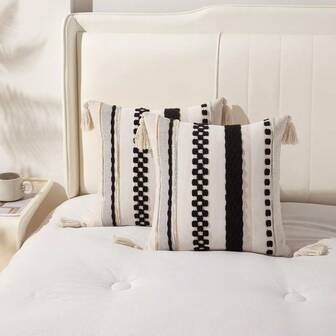 1-Piece Bohemian Pillow Cover, Square Striped Farmhouse Pillow Cover With Tassel Texture Striped Cushion Cover, Neutral Pillow Cover, Sofa Bed, Outdoor Living Room, Bedroom Decoration Pillowcase