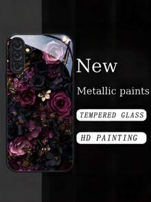 Deep Purple-Black Rose Flowers Tempered Glass Craftsmanship Phone Case. Suitable For Compatible With Samsung Galaxy S20/21/22/23/24/25 Ultra/FE+,S10/10E+,NOTE9.20,20ULTRA,A71/56/55/54/53/52/51/36/35/34/32/26/25/24/26/16/15/14/06/05/05S/03S, As Well As, Compatible With IPhone17,17Air,17pro,17pro Max,16, 15, 14, 13, 12, 11, PRO MAX, As Well As,PLUS,Is A Thoughtful Birthday Gift For Girlfriend, Boyfriend And Friends - 彩色 - 查看 1