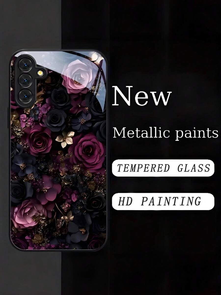 Deep Purple-Black Rose Flowers Tempered Glass Craftsmanship Phone Case. Suitable For Compatible With Samsung Galaxy S20/21/22/23/24/25 Ultra/FE+,S10/10E+,NOTE9.20,20ULTRA,A71/56/55/54/53/52/51/36/35/34/32/26/25/24/26/16/15/14/06/05/05S/03S, As Well As, Compatible With IPhone17,17Air,17pro,17pro Max,16, 15, 14, 13, 12, 11, PRO MAX, As Well As,PLUS,Is A Thoughtful Birthday Gift For Girlfriend, Boyfriend And Friends - 彩色 - 查看 1