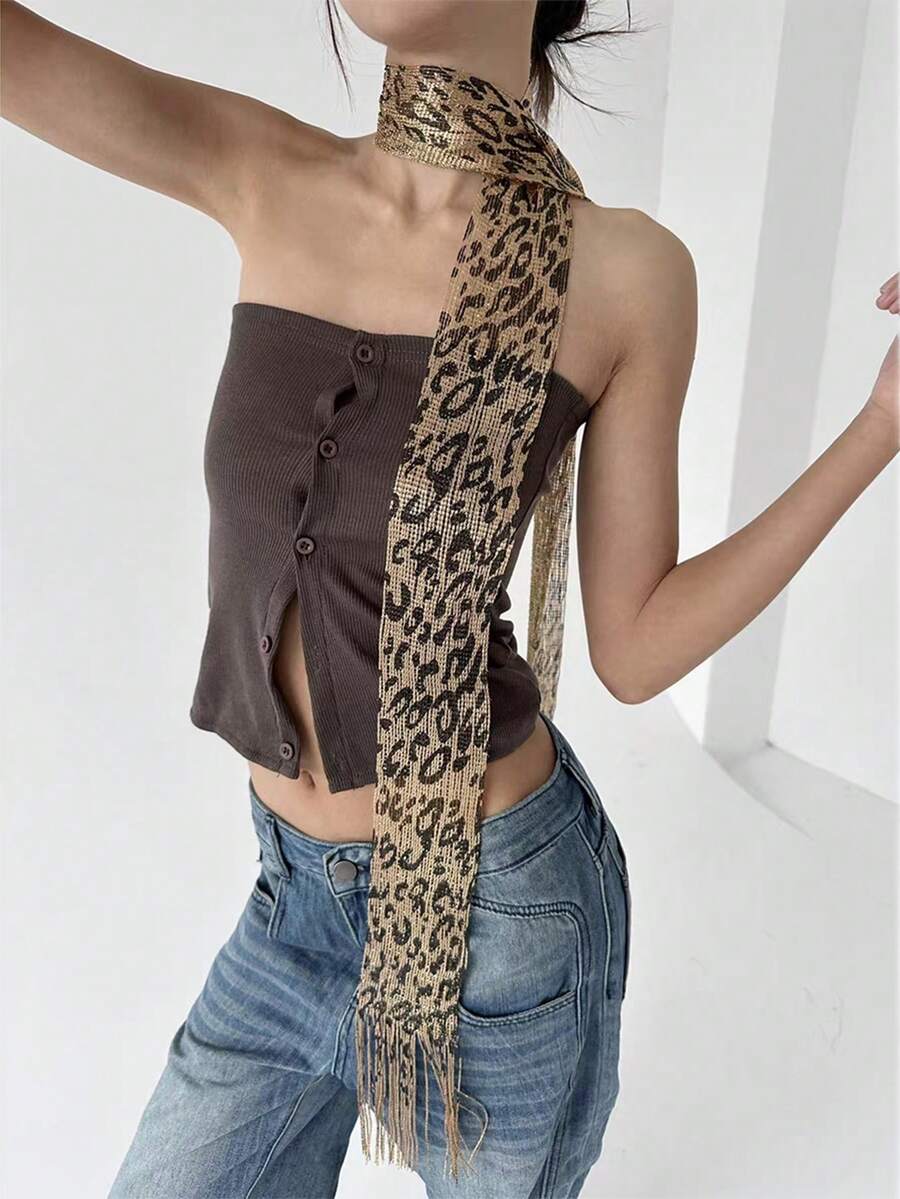 1pc Spicy Girl Y2K Leopard Print Gold And Silver Sparkling Silk Scarf Four Seasons Usable Ribbon Narrow Long Silk Scarf Fashionable Scarf