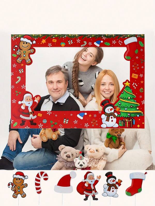 7 pièces Ensemble de décor photo de Noël, hiver, Père Noël, bonhomme en pain d'épices, bonhomme de neige. Comprend 1 pièce cadre photo et 6 accessoires photo à tenir en main pour les fêtes de Noël, décorations de vacances et amusement familial. Parfait pour les décorations de fête de Noël.