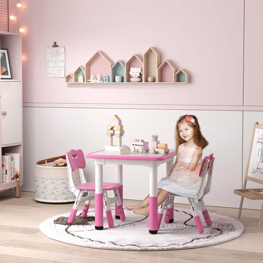 AIYAPLAY Kids Table And Chair Set, 3 Pcs Height Adjustable Activity Table Set With 2 Chairs, Easy To Wipe Arts & Crafts Table, For Classrooms, Daycares, Homes - Pink - Pink - View 1