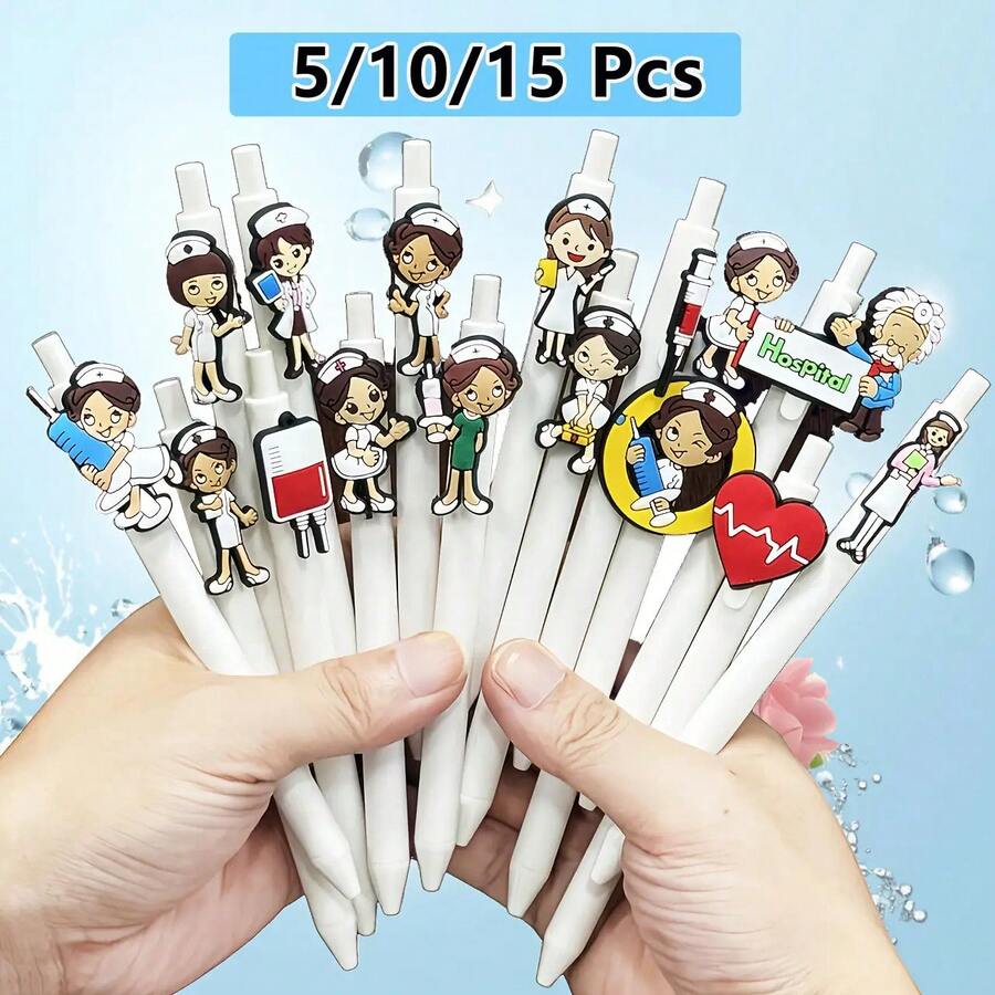 15/10/5 chiếc bút bi chủ đề y tá có thể thu vào - PVC trắng, tay cầm mềm, mực đen, thiết kế y tế vui nhộn (ống nghe, hình trái tim, mũ y tá) - Quà tặng lý tưởng cho y tá và sinh viên y khoa, phụ kiện làm việc cho y tá