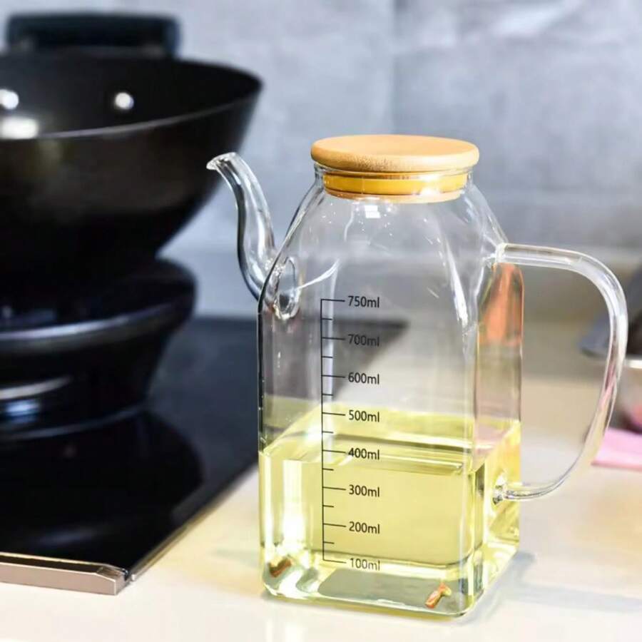 750ml Glass Cruet With Spout For Oil, Vinegar, And Square Bamboo Lid - Multicolor - View 1