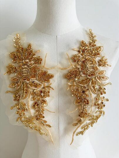 زوج من رقعات التطريز المطرزة بالزهور الملونة ثلاثية الأبعاد، مستخدمة للحرف اليدوية DIY (ذهبي) لفساتين الزفاف والملابس الرسمية