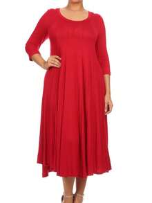 Plus Size Casual 3/4 Sleeves Basic A-Line Pleated Solid Midi Dress  Wedding - Đỏ - Xem 1