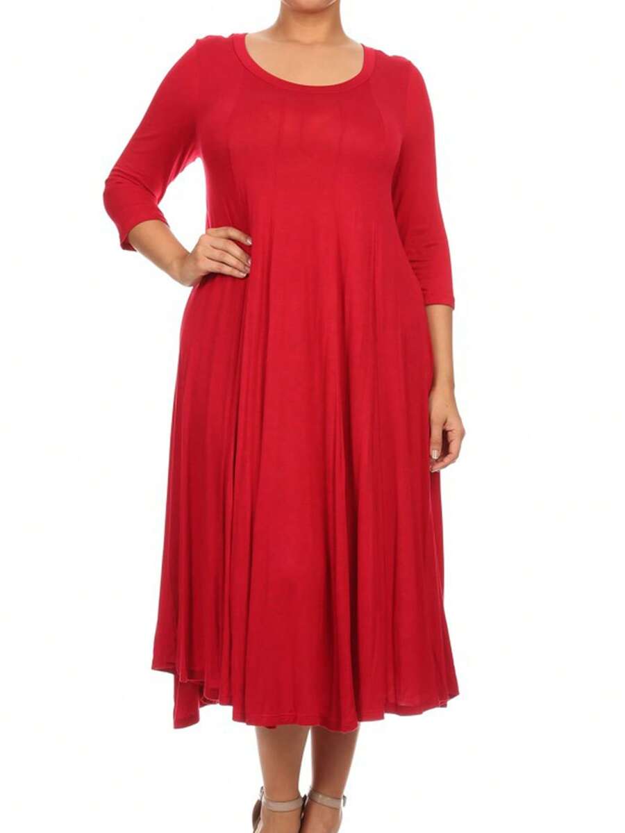 Plus Size Casual 3/4 Sleeves Basic A-Line Pleated Solid Midi Dress  Wedding - Đỏ - Xem 1