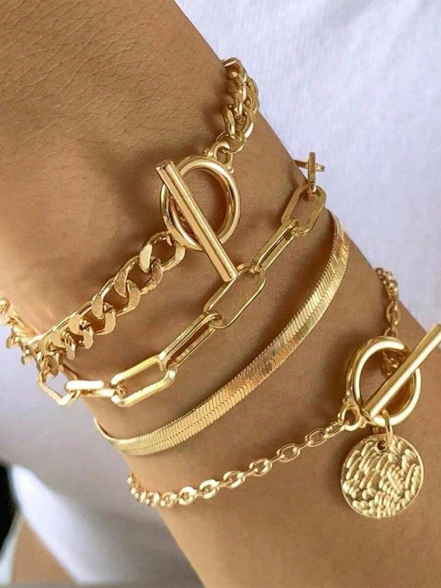 4pcs Vintage Hip Hop Snake Bone Chain Bracelet Set, Women Jewelry Set, Suitable For Daily Wear - Gold - View 1