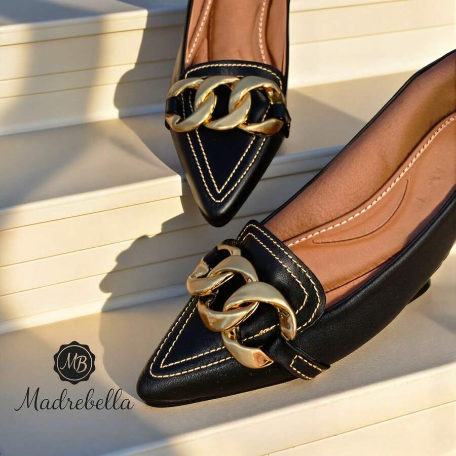 Women's Black Patent Leather Pumps | Light Gold Chain - Modern, Elegant, Versatile, Comfortable - 黑色 - 查看 1