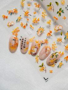 A Nail Sticker For Autumn And Winter Season, Featuring Embossed Laser Technology And Cartoon Floral Design, Featuring Flowers Such As Osmanthus, Osmanthus Stamens, And Cats, Suitable For Personal DIY And Nail Salon Use